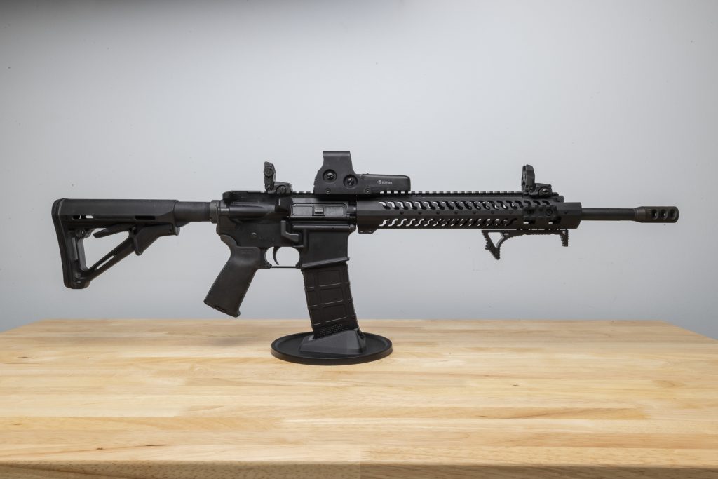 AR-15 display stand holding rifles securely