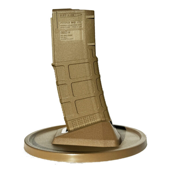 AR-15 display stand in Coyote Tan, featuring a magazine mount.