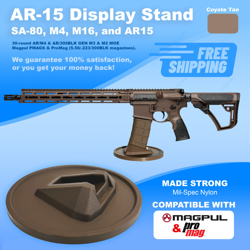 AR-15 display stand with magazine holder in coyote tan.