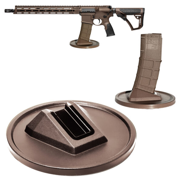 AR-15 rifle and pistol display stand with tan finish and Magpul magazine