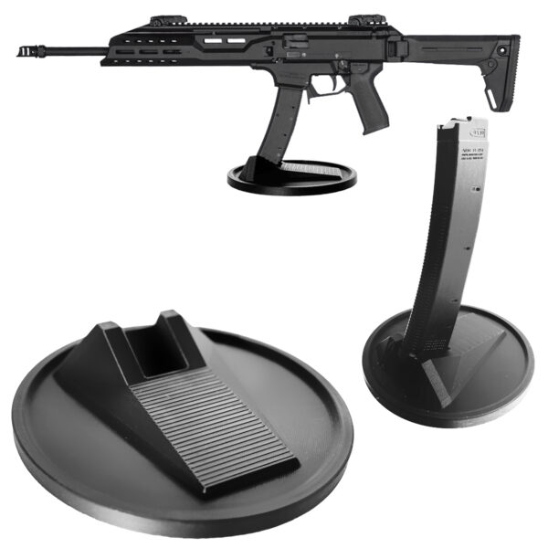 Display stand for EV9 CZ Scorpion rifle and pistol with a Magpul magazine.