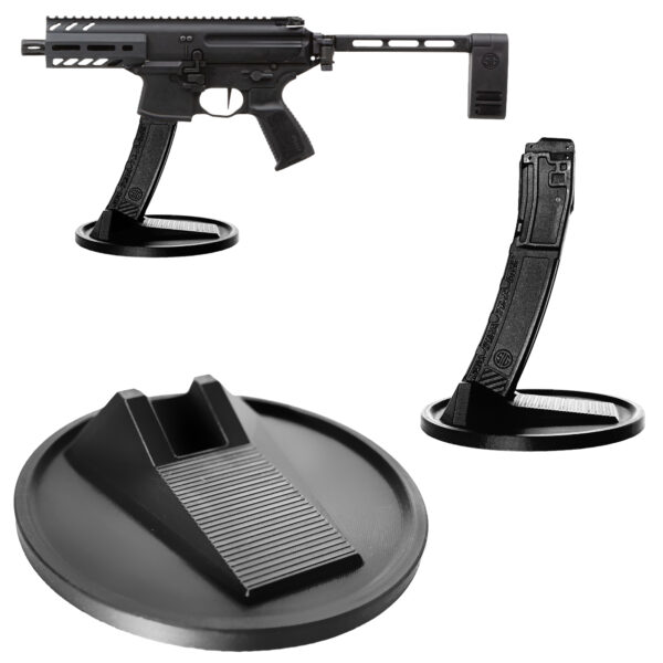 A sleek and modern display stand showcasing a Sig Sauer MPX rifle with a magazine, highlighting its design and craftsmanship.