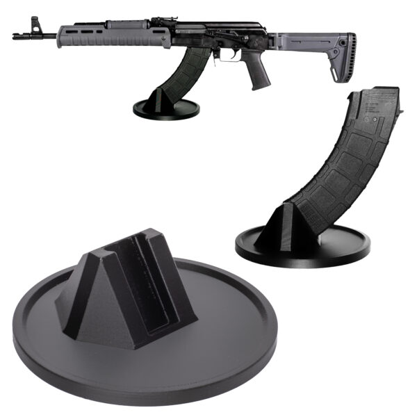 Display stand for AK, AKM, and AK47 rifles and pistols, featuring a sturdy base and a section for Magpul magazines.