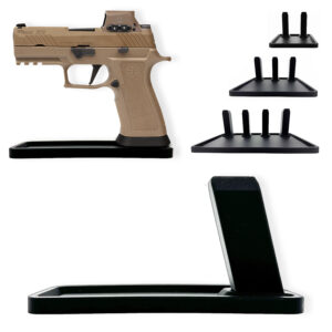 Double-stack 9mm pistol display stand compatible with SIG M17 and P320 models, designed for safe and organized storage.