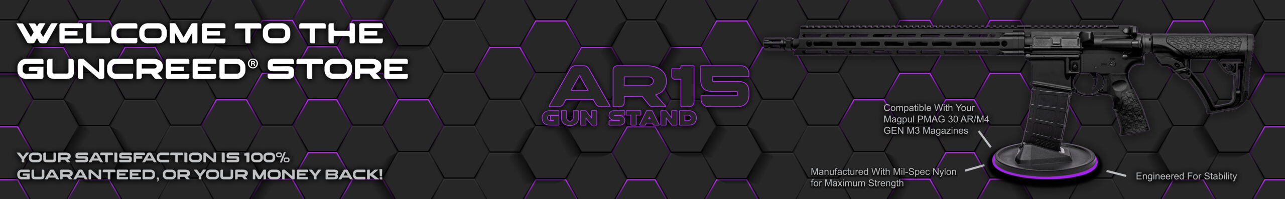 A sleek GunCreed® AR15 gun stand featured on a professional banner, showcasing its sturdy design and modern aesthetic.