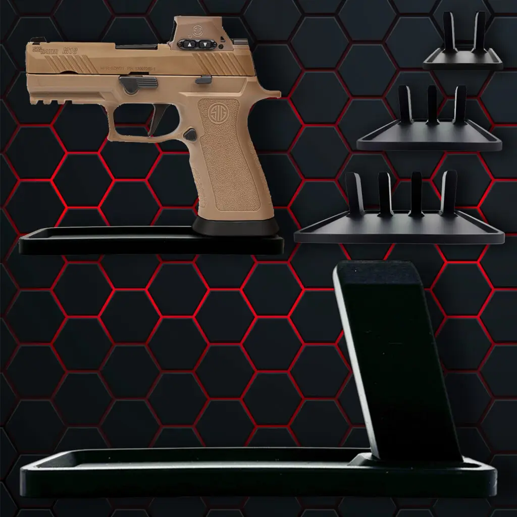 Double-stack gun stand holding a SIG Sauer M17X pistol, displayed upright on a flat surface.