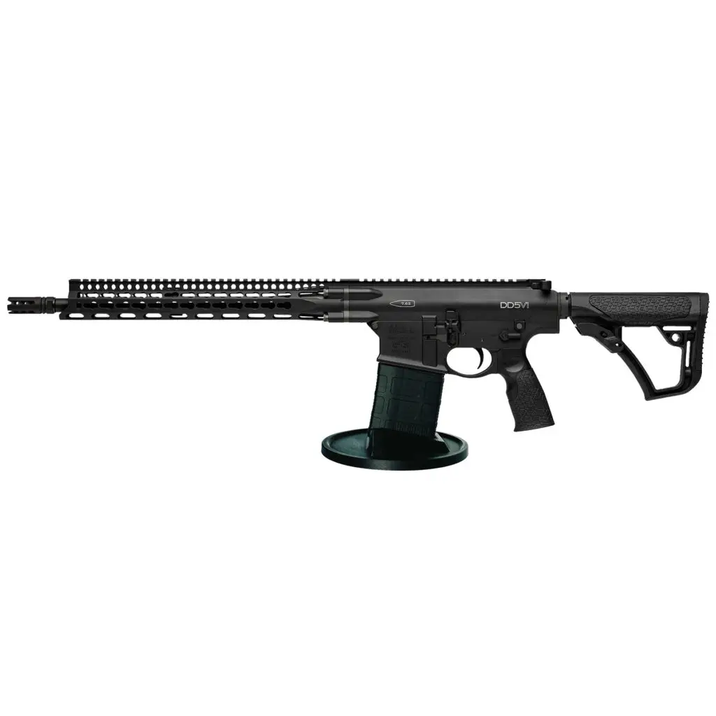 Black AR-10 rifle displayed on a sleek black magazine-style stand.