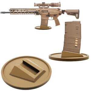 AR-10 rifle securely displayed on a flat dark earth (FDE) coyote tan gun stand