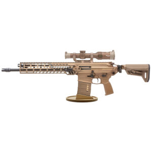 Flat Dark Earth (FDE) Coyote Tan AR-10 gun stand with Magpul-style magazine, compatible with Sig Sauer Spear.