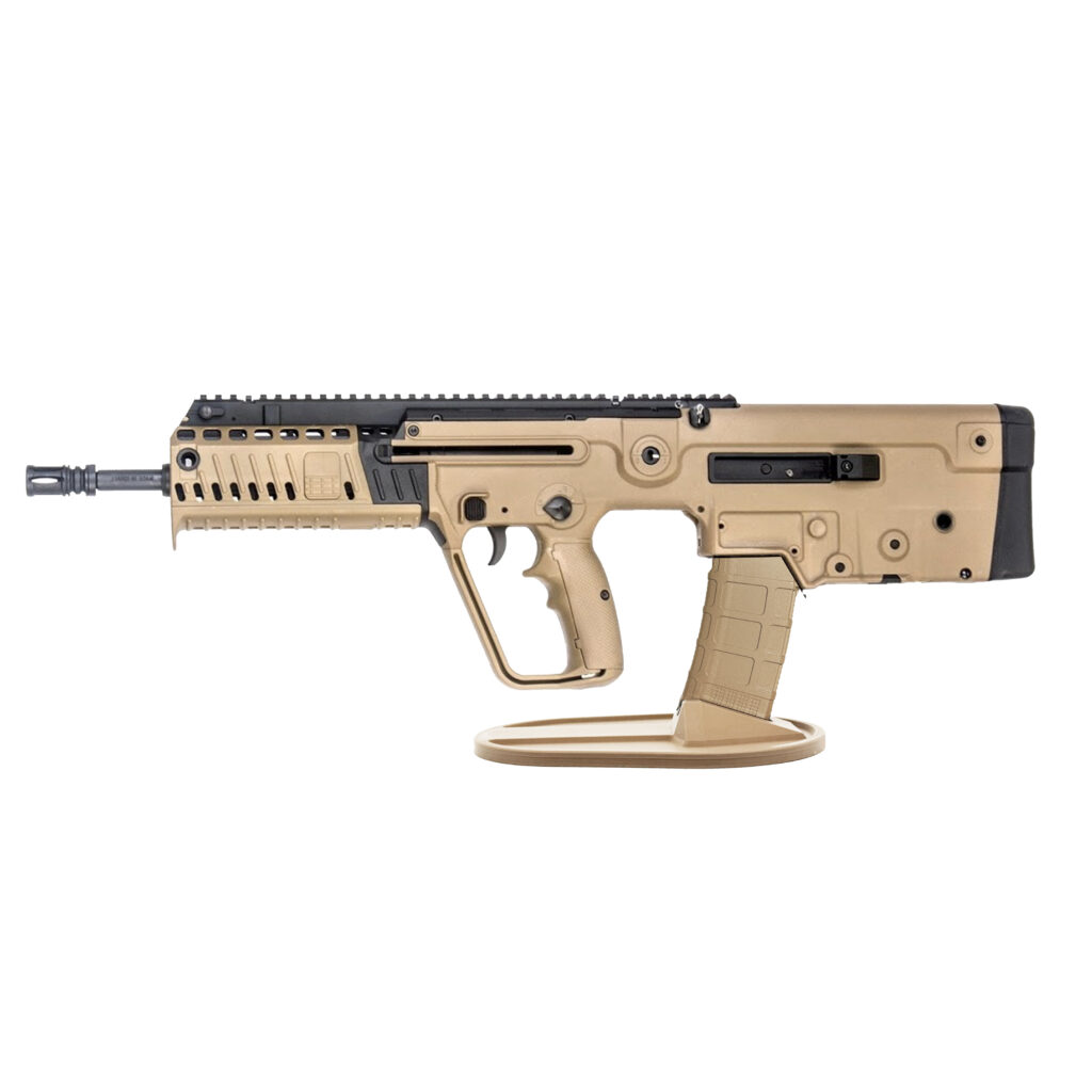 Tavor gun stand in Flat Dark Earth (FDE) Coyote Tan color, designed for secure display and storage