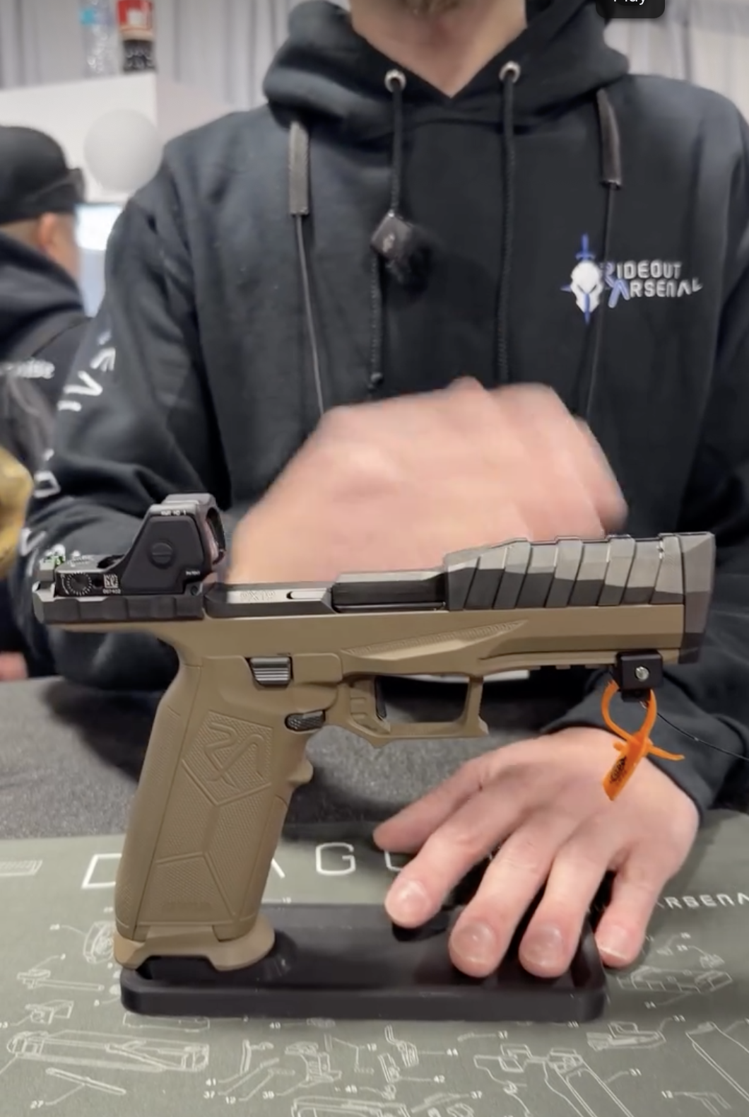 Most Innovative Product at Shot Show: Rideout Arsenal Dragon with GunCreed Gun Stand Double-Stack pistol Stand.